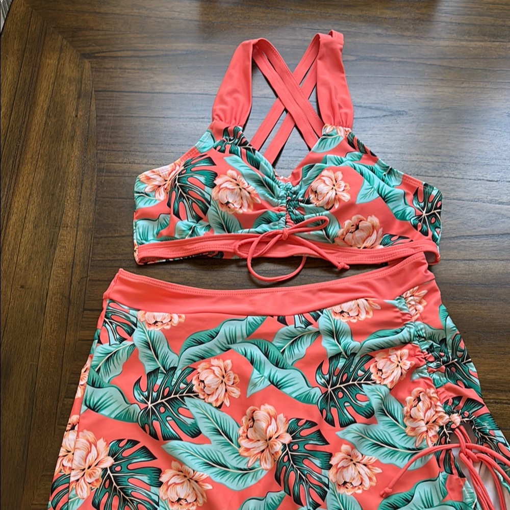 Pink and Green Bikini Set with Crisscross Straps New Without Tags Size XL